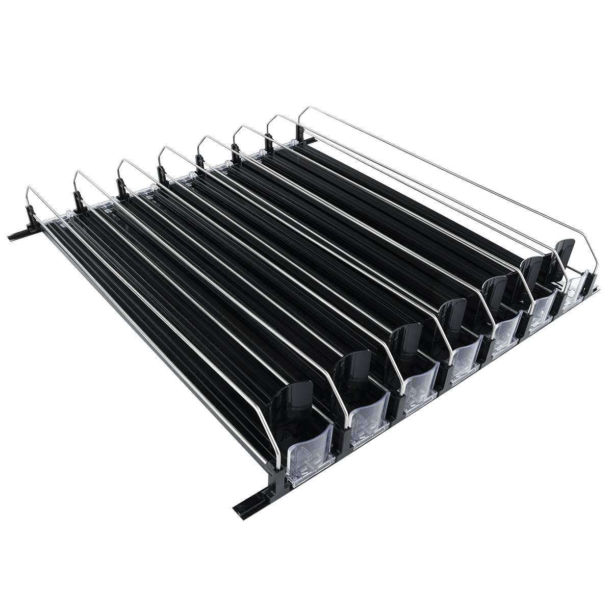 A metal and plastic bottle display rack with eight angled black shelves, each with a clear front guard, offers excellent product organization. The sturdy rack is ideal for Empura Refrigeration displays. Background is white.