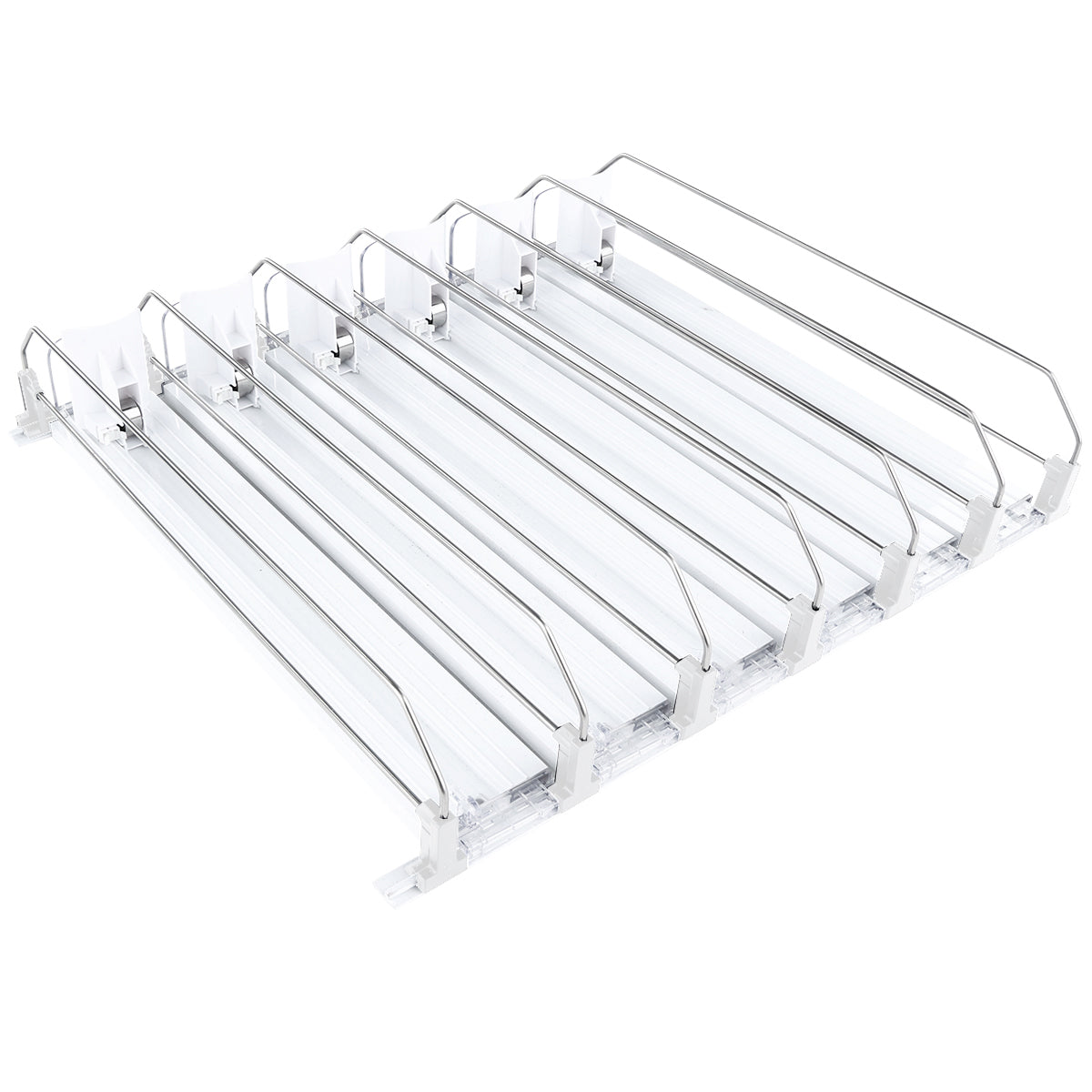 A modern and functional add-on accessory, this adjustable shelf divider features six slots for organizing plates or trays. The metal wire and clear plastic design sits on a flat, rectangular base—ideal for enhancing Empura Refrigeration storage.