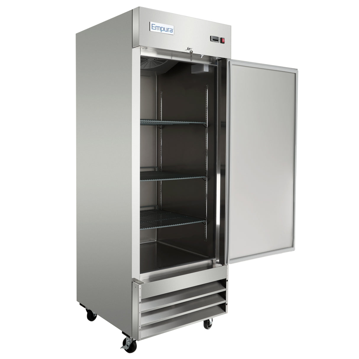 A commercial Reach-In Freezer on wheels with an open glass door, showing three empty wire shelves inside. The Empura brand name is visible on the upper front panel, and ventilation vents are located at the bottom of this 23 cu. ft. freezer unit.