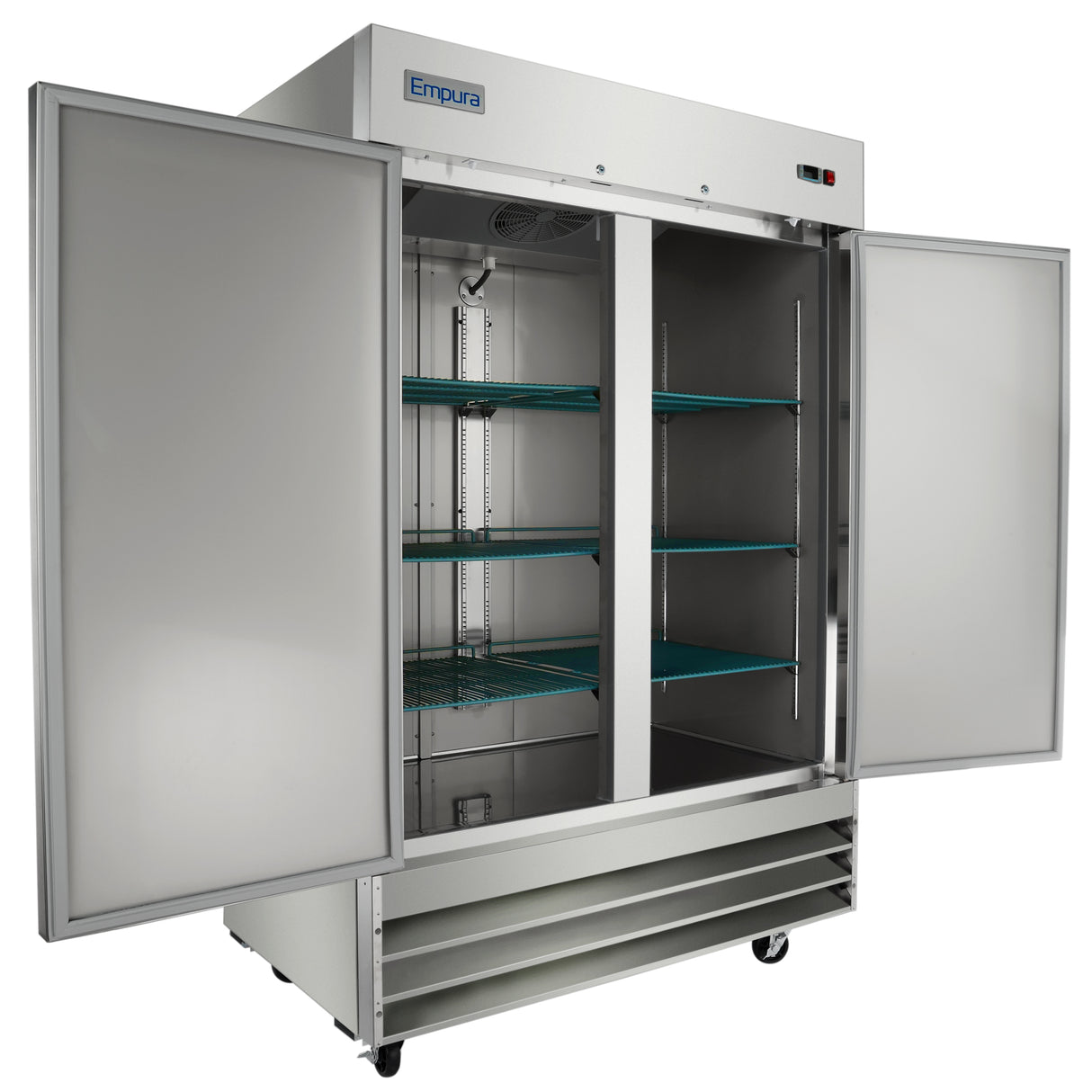 A large, stainless steel Empura Refrigeration reach-in freezer with two open doors reveals green wire shelves inside. The unit features wheels, a vented base, and a control panel at the top right, with the brand Empura visible on the upper front.