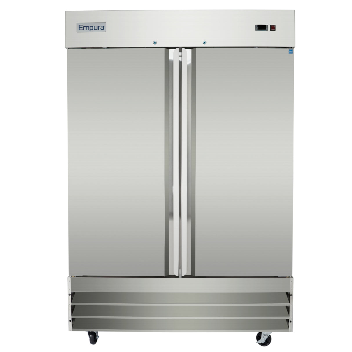 A large, stainless steel Empura Refrigeration commercial freezer with two vertical doors, a digital display panel on the upper right, horizontal vents below, central handles, four caster wheels for mobility, and the brand visible on the top left.