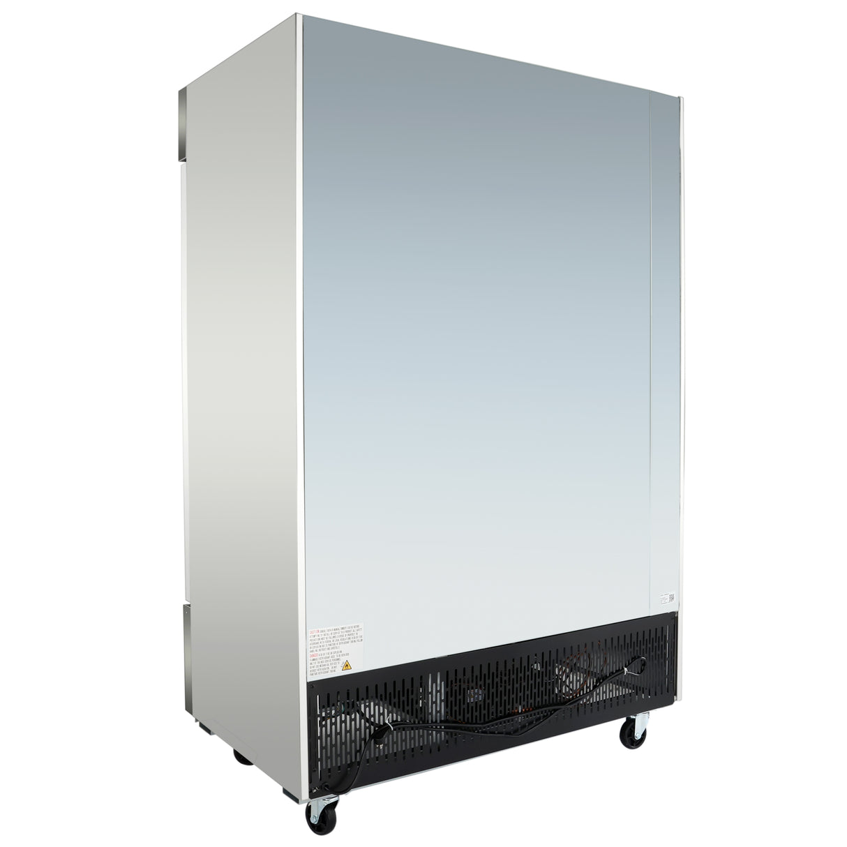 A large, metallic Empura Refrigeration Reach-In Freezer stands alone on four caster wheels; the reflective silver front and black ventilation grill at the bottom highlight its sleek, commercial style against a white background.