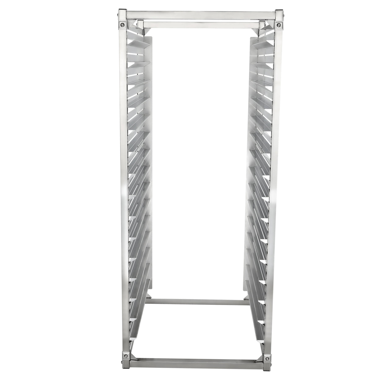The Empura E-PR15 15-Pan Rack is a tall, empty stainless steel rack with multiple horizontal slots on both sides, designed for holding trays or pans. It stands on four sturdy legs, with an open front and back, against a white background.