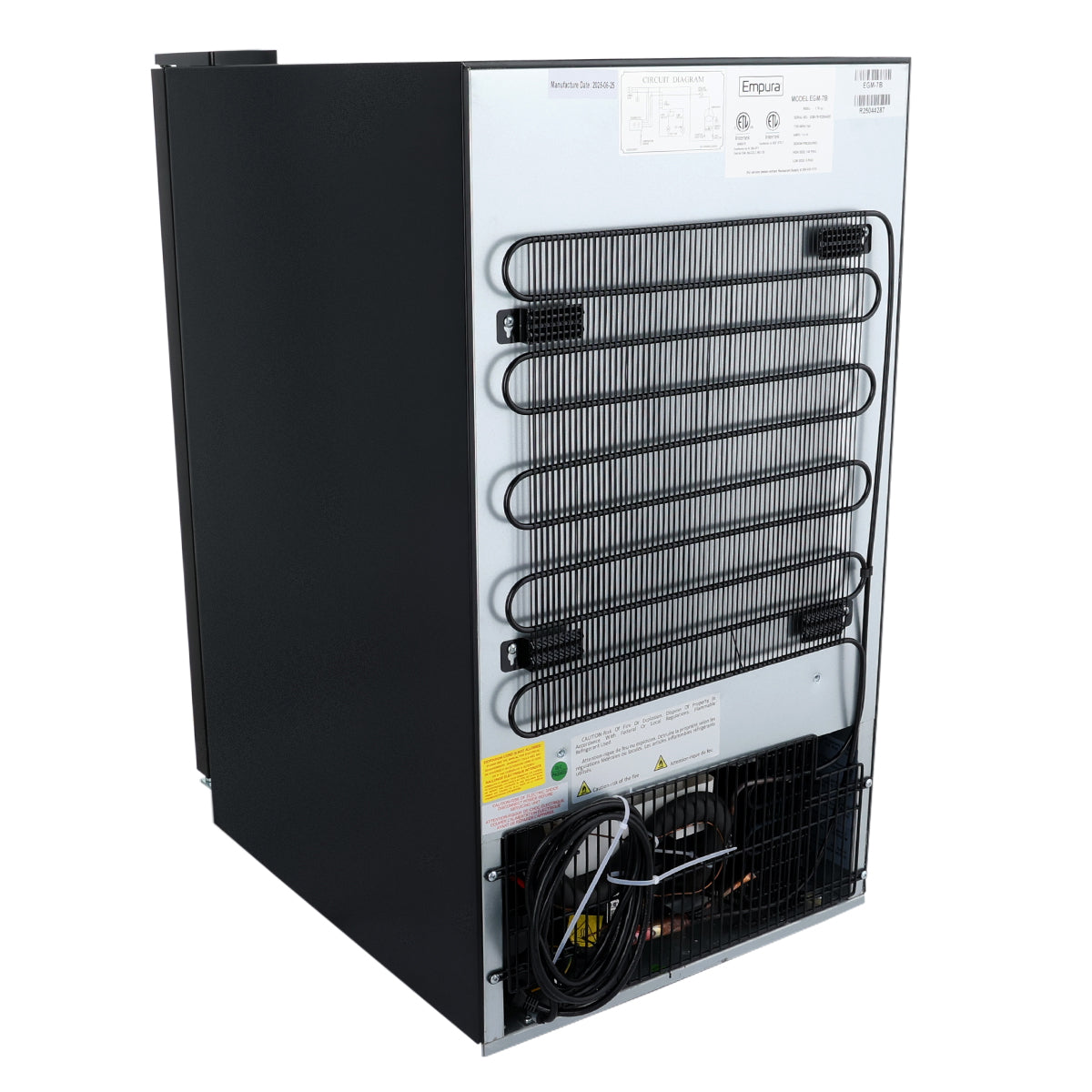 Back view of an Empura Refrigeration unit, showcasing a metal back panel with zigzag condenser coils. The bottom features a vent with wires and components, plus several product labels and warning stickers—ideal for a Counter Top Merchandiser.