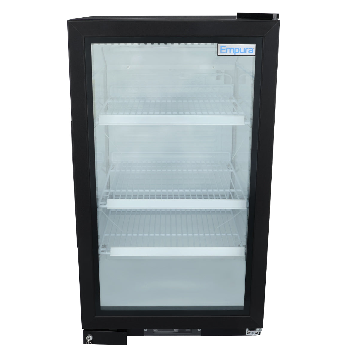 A black Empura Refrigeration Glass Swing Door Refrigerator features three adjustable white wire shelves and a visible “Empura” label. This counter top merchandiser has a glass front door with a lock and handle at the bottom; its interior is empty.