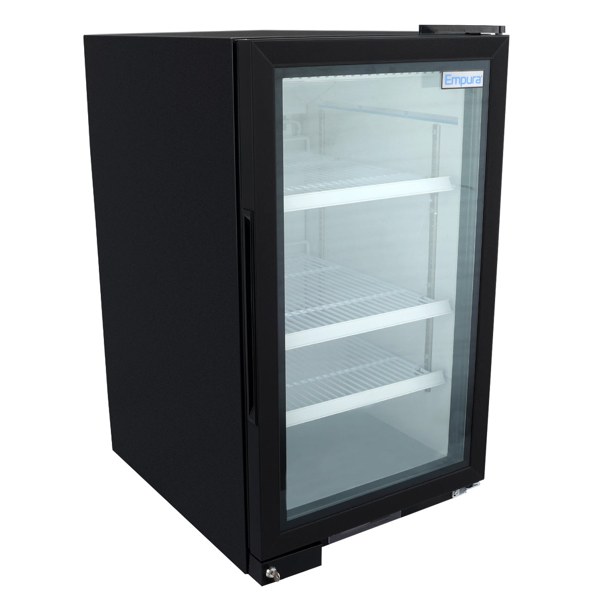 A black, upright Empura Refrigeration glass swing door refrigerator with three white wire shelves inside, viewed at an angle. This countertop merchandiser features a left-hinged handle and displays the Empura logo on the top right of the empty glass door.