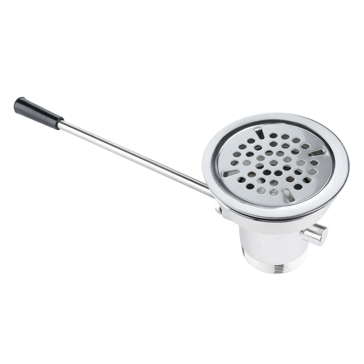 The Empura Straight Lever Drain features a stainless steel sink drain with a round perforated strainer cover and a long metal lever handle tipped with a black grip, designed for easy installation in your sink.