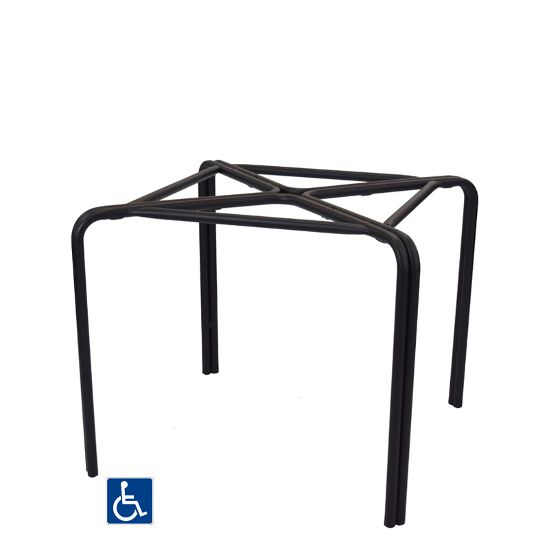 A black cast aluminum Zeus Table Base features four legs and a crisscross support structure on top. The open frame has no seat or surface attached, and a blue ADA compliant wheelchair accessibility icon appears in the bottom left corner.