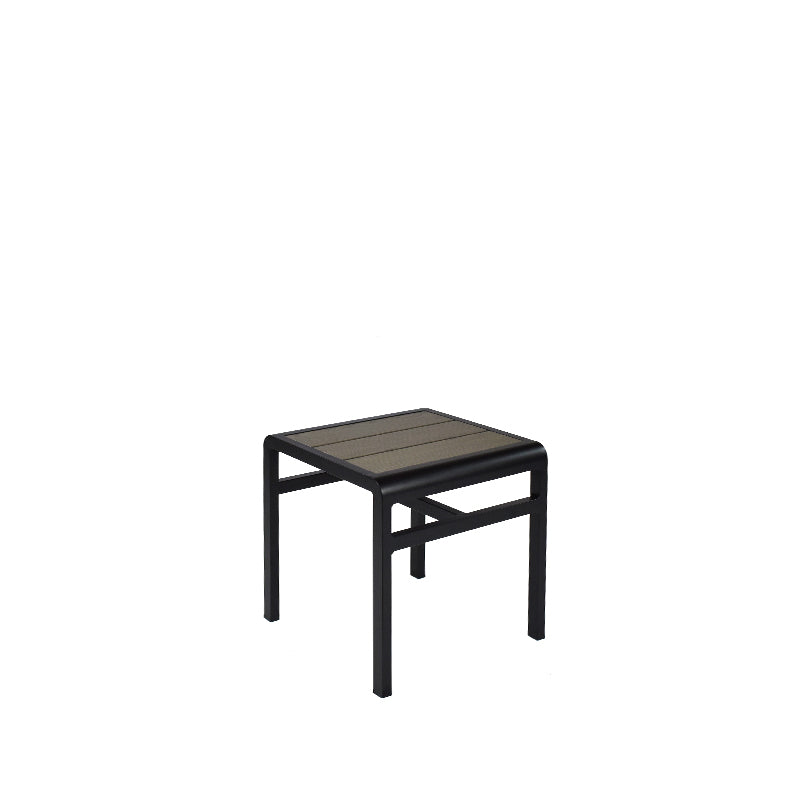A small, square indoor/outdoor side table with a dark metal frame and a slatted wood-look aluminum brown tabletop. The simple, modern design stands alone against a plain white background.