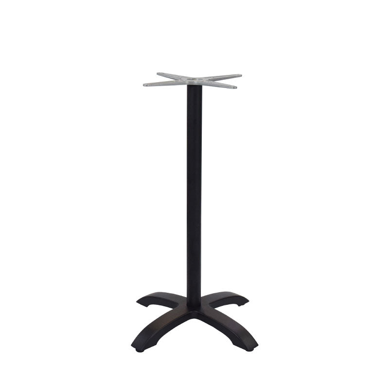The Zak Table Base features a sturdy, black cast aluminum central column with four curved legs. Its cross-shaped top plate is perfect for attaching a tabletop, making it ideal as a bar height table base for small to medium-sized tables.