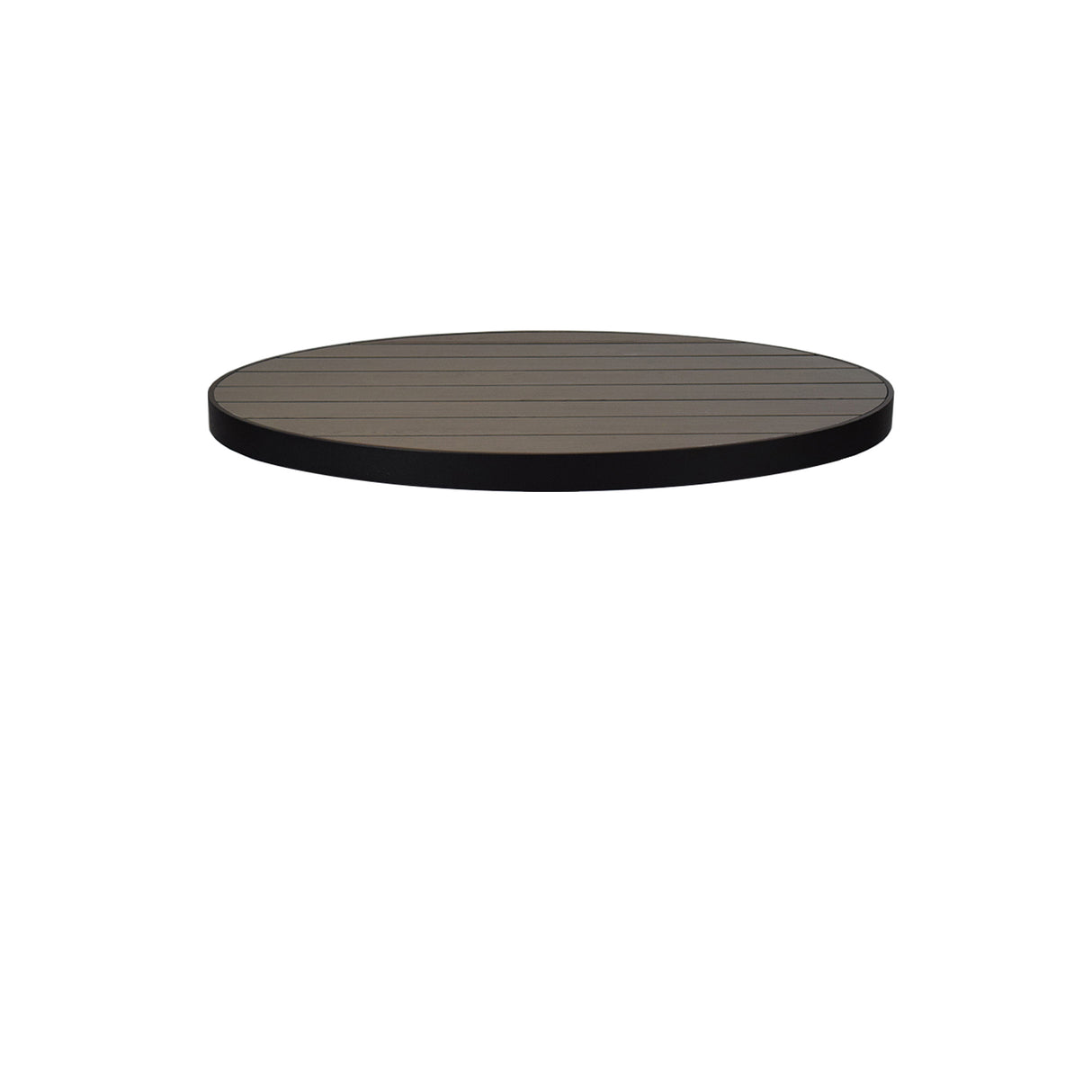 A round 35 inch outdoor table top with a dark edge and a wood-look aluminum surface featuring subtle horizontal lines. The tabletop appears to be floating against a plain white background, with no visible legs or support.