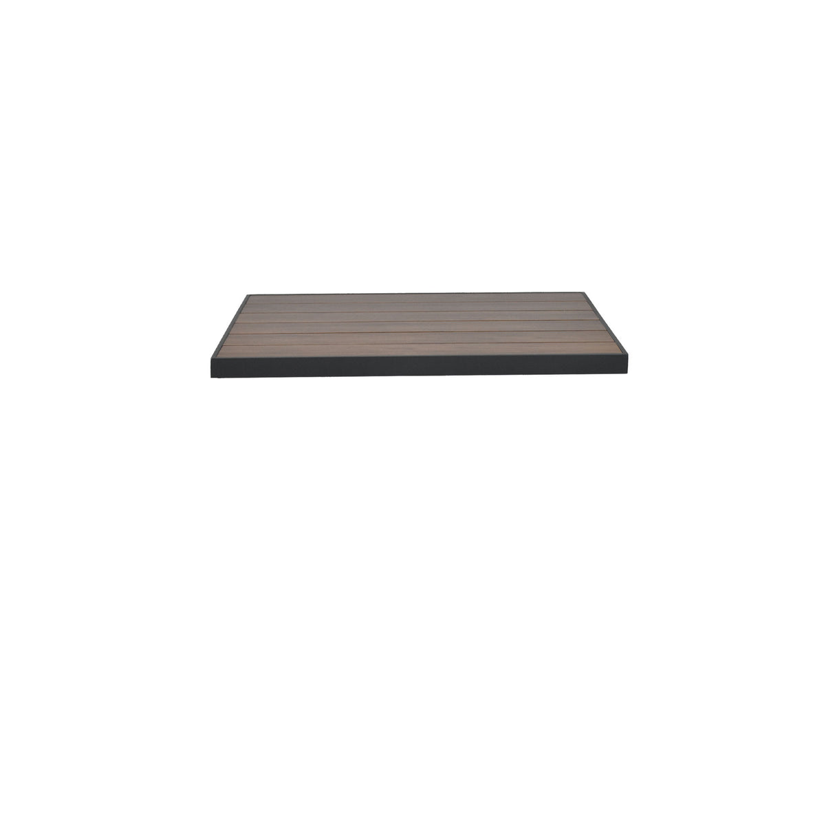 A rectangular, flat wooden shelf with a dark wood-look aluminum frame is centered against a plain white background. The shelf has horizontal wood grain patterns and a minimalist, modern design.