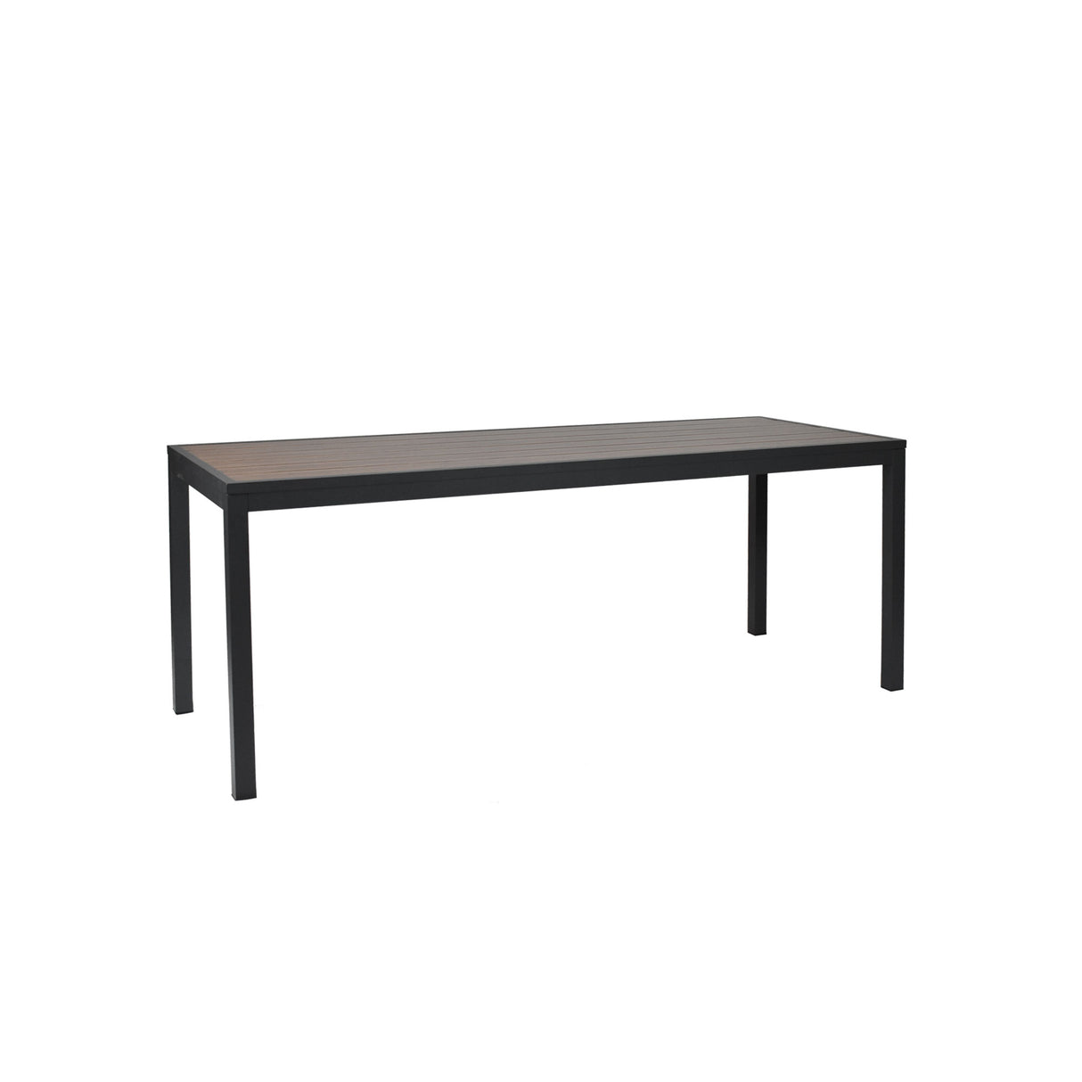 A rectangular Sid Community Dining Table with a flat, dark wood top and four straight black metal legs, photographed against a white background. The simple, modern design makes it perfect as an outdoor dining table for any contemporary space.