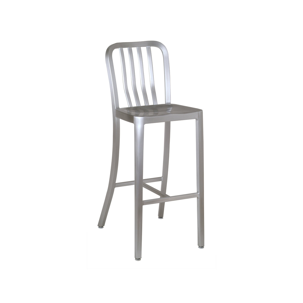 The Anna Barstool features a tall, square seat and curved backrest with three vertical slats. Crafted from brushed aluminum, its minimalist industrial design suits both outdoor/indoor spaces. Footrests connect the straight legs. Plain white background.