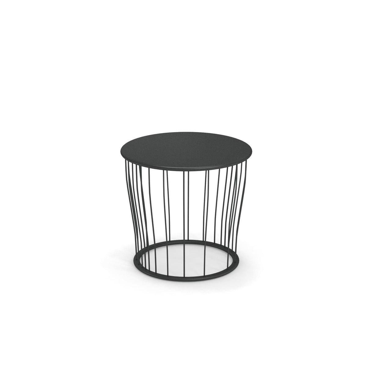 The Cannolè Side Table is a modern round black outdoor/indoor side table with a solid top and a sleek steel wire base. Evenly spaced vertical bars connect the circular top to the base, creating a minimalist, airy design set against a plain white background.