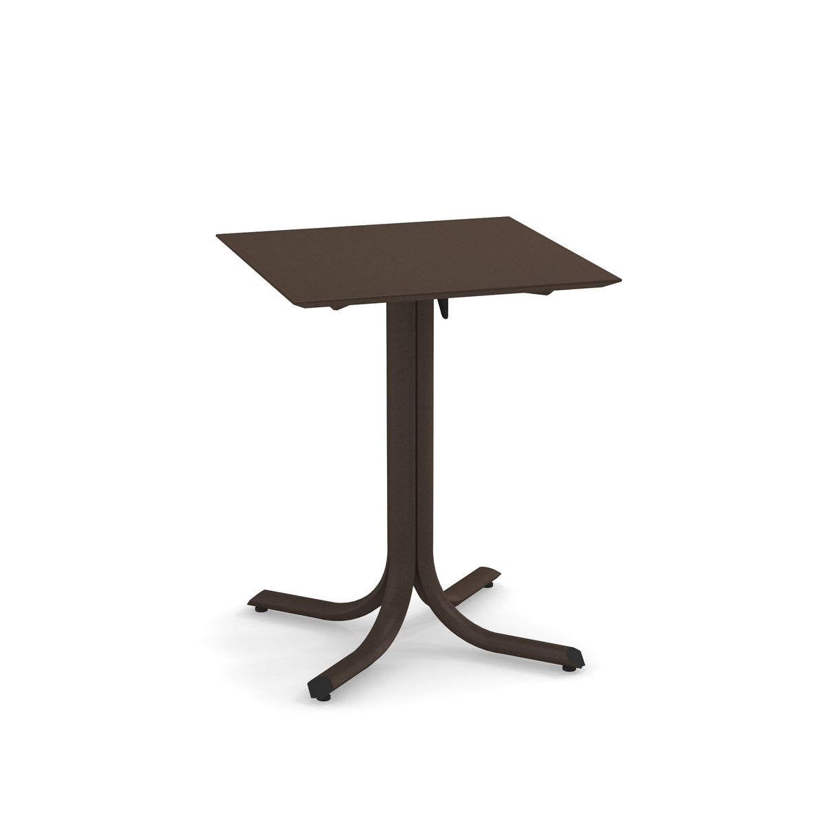 A small, square, brown solid surface table with a flat top and a single central pedestal. The pedestal branches into four curved legs at the base, each ending with a slightly upturned foot. The table is set against a white background.