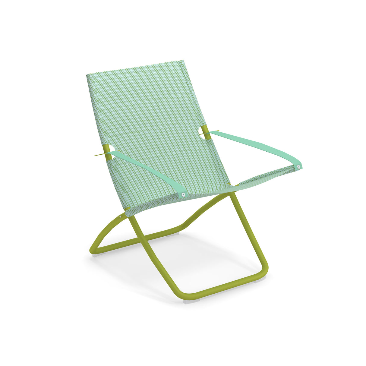 A modern outdoor lounge chair with a light green EMU-tex fabric mesh seat and backrest, thin armrests, and a tubular metal frame in a brighter green. The chair’s slanted, low-profile design casts a light shadow on a white background.