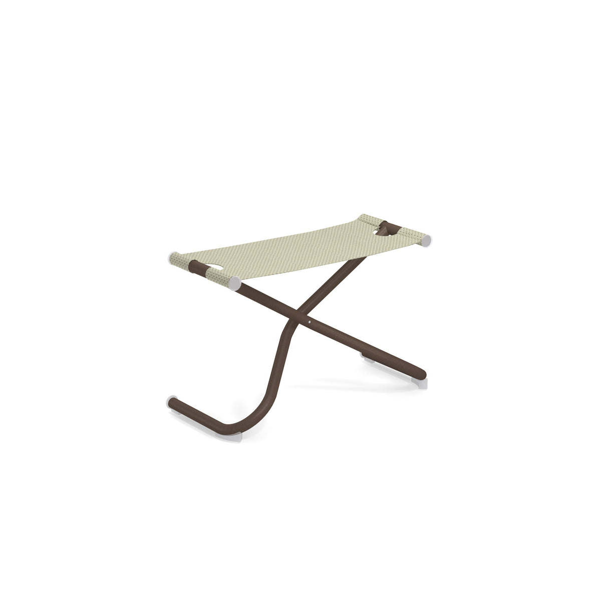A minimalist, modern Snooze Ottoman with a brown X-shaped metal frame and a beige EMU-Tex fabric seat. The legs curve outward at the base, finished with white caps for stability. This outdoor ottoman is photographed on a white background.