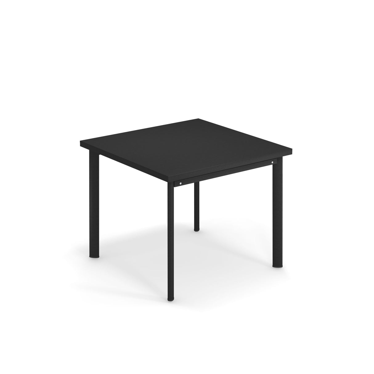 A simple, modern black square Star Table with four straight legs, set against a plain white background. Its clean lines and smooth surface give this outdoor table a minimalist and contemporary appearance.