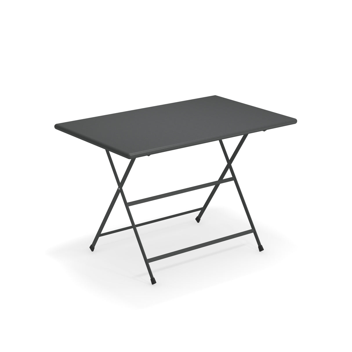 The Arc En Ciel Folding Table features a rectangular, dark gray e-coated steel top and slender metal legs crossing in an X-shape. Two horizontal support bars connect the legs, making it a perfect outdoor/indoor table against a plain white background.