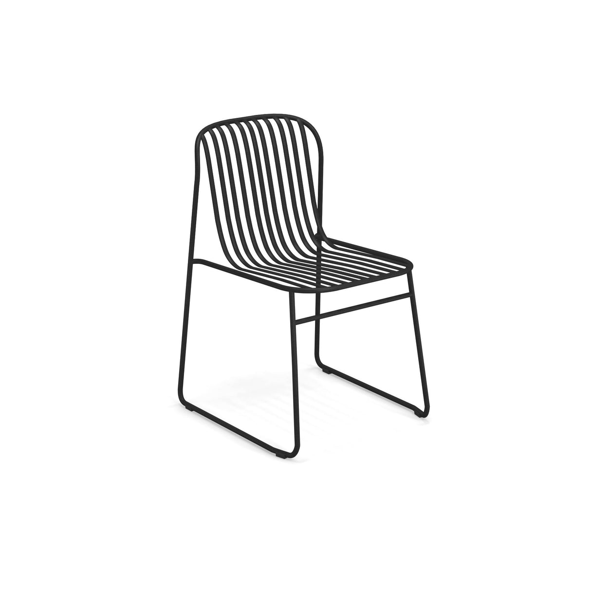 A modern wrought iron chair made of black metal rods forms the backrest, seat, and sled base legs, creating a minimalist, open design with curved lines. Ideal as an outdoor indoor chair, it features no armrests against a plain white background.