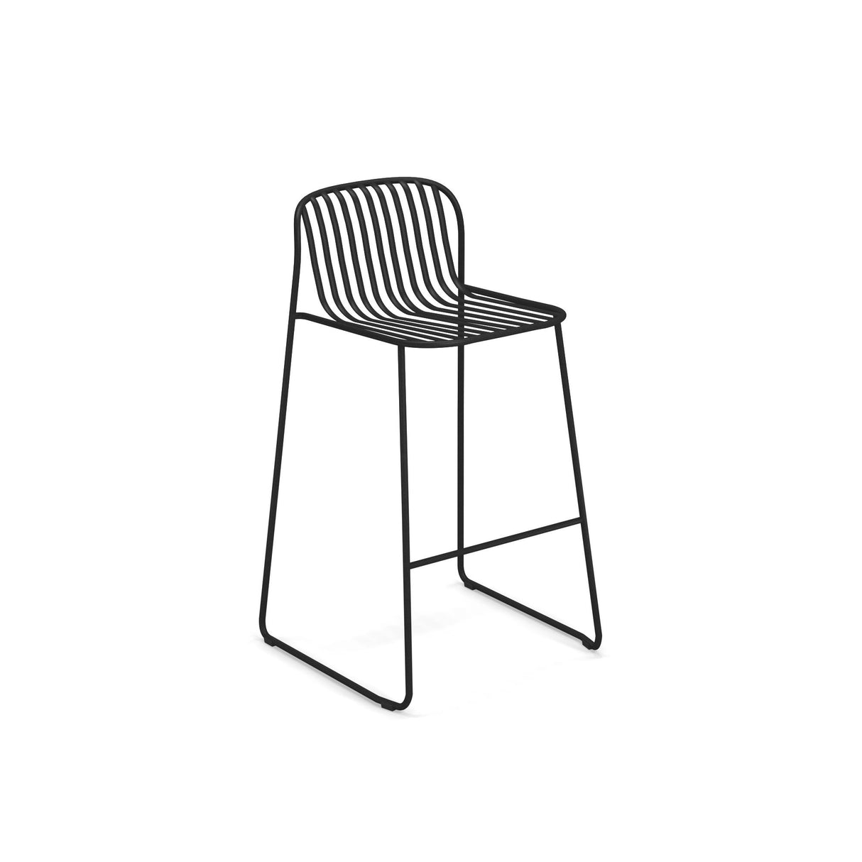 A modern black wrought iron barstool with a minimalist design, featuring a backrest and seat of evenly spaced curved metal slats. Angled legs with horizontal supports create a sleek, open look. The stool, perfect as an outdoor barstool, is set against a white background.