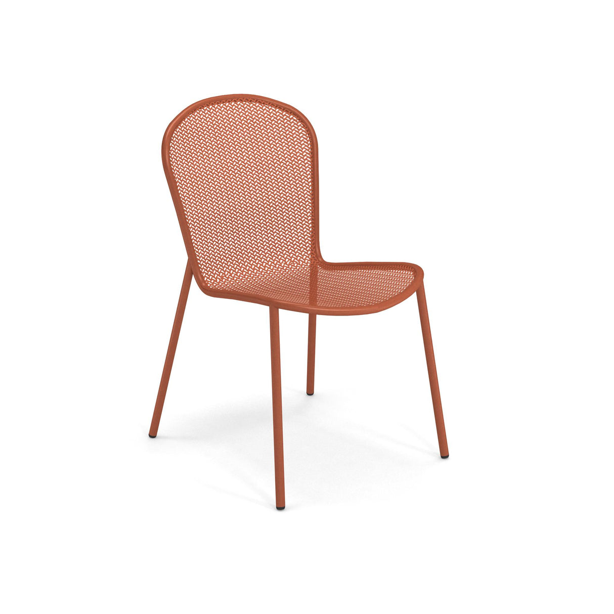 A modern steel mesh chair with a rust-orange metal frame and perforated seat and backrest. Its four slender legs have black caps, and the gently curved back creates a minimalist, contemporary indoor outdoor chair look against a white background.