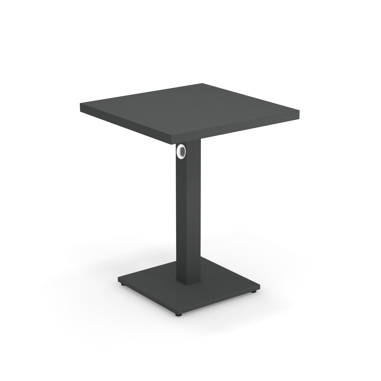 A modern, square, dark gray Lock Table with a minimalist design, crafted from e-coated steel for outdoor/indoor use. It features clean lines, a single central support column, and a small round hole near the top of the column.