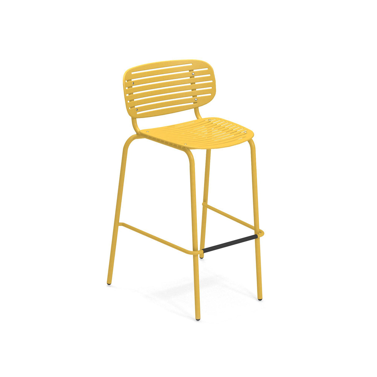A modern yellow steel barstool with a slatted seat and curved backrest. Featuring four slender legs, a black footrest bar, and a minimalist design, this outdoor barstool is photographed against a plain white background.