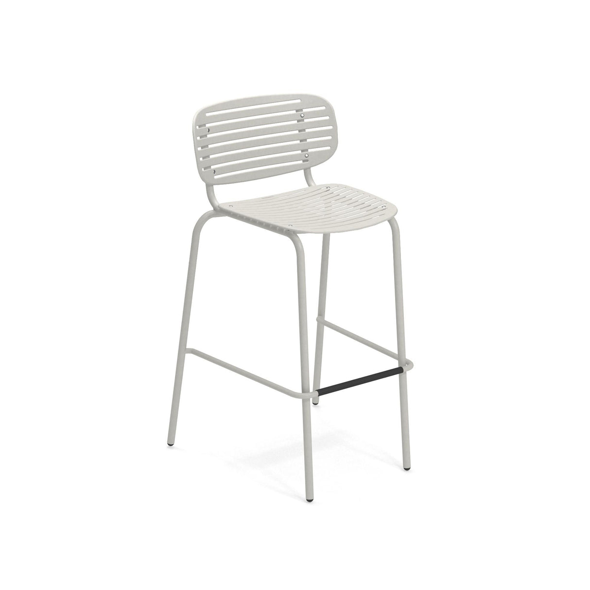 A modern white solid steel barstool with a slatted backrest and seat, four angled legs, and a black footrest bar. This minimalist outdoor barstool features smooth, rounded edges, visible screws on the backrest, and a plain white background.