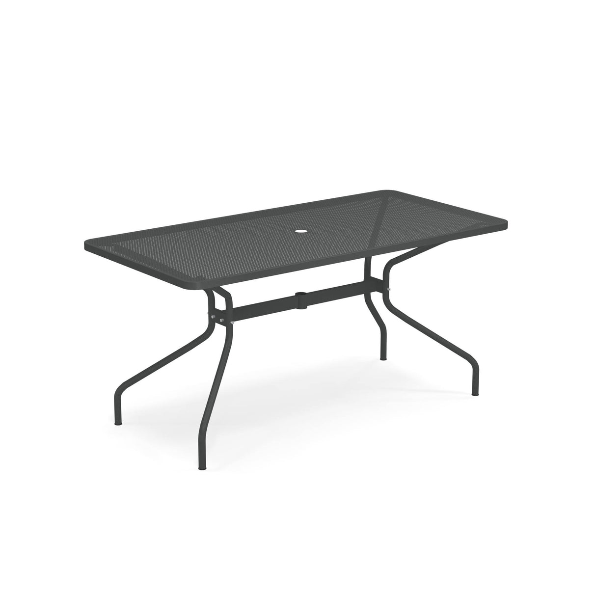 This rectangular mesh top table features a black metal finish, four curved legs, and a central hole for an umbrella. Its sturdy crossbar design makes it the perfect outdoor drink table for patios or gardens.