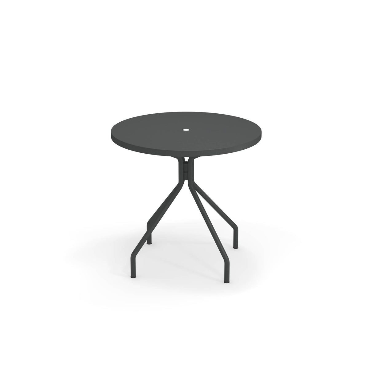 A round table with umbrella hole, this solid steel table features a modern, minimalist design with four angled legs and a sleek black finish—perfect as an outdoor table for any contemporary space. Photographed against a white background.