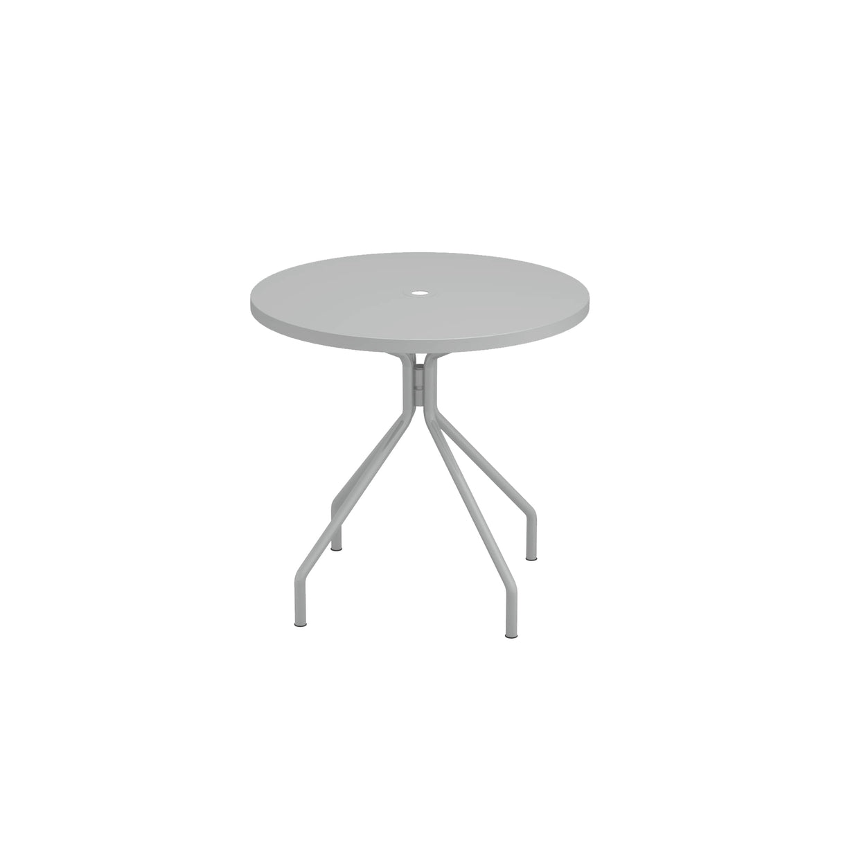 A round, light gray solid steel table with a smooth top and a small center umbrella hole. It has three angled legs extending outward and downward to the floor. This versatile outdoor indoor table stands against a plain white background.