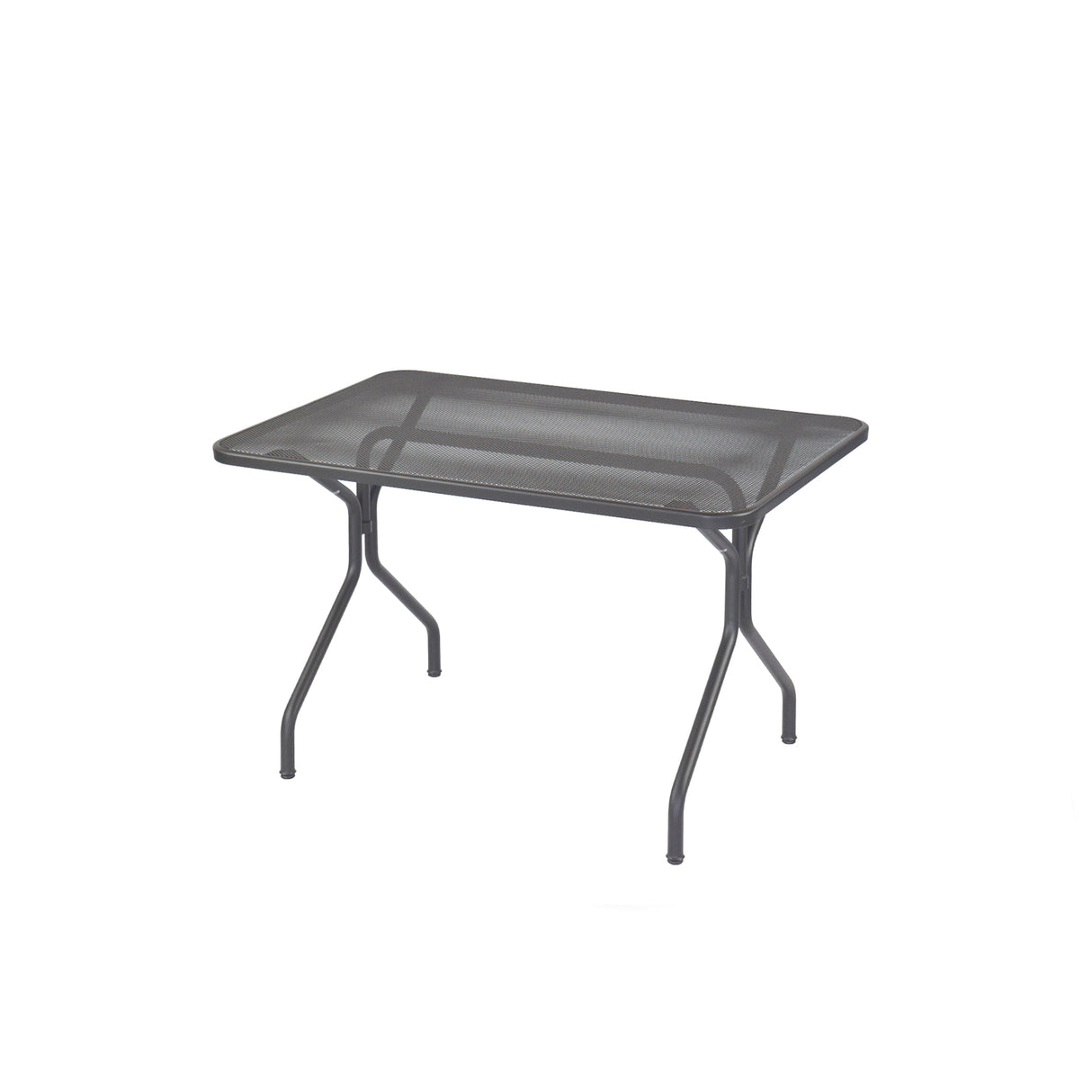 A rectangular mesh table in black metal with a simple, modern design and four slender, angled legs. Perfect as an outdoor table for patios, it is photographed against a plain white background.