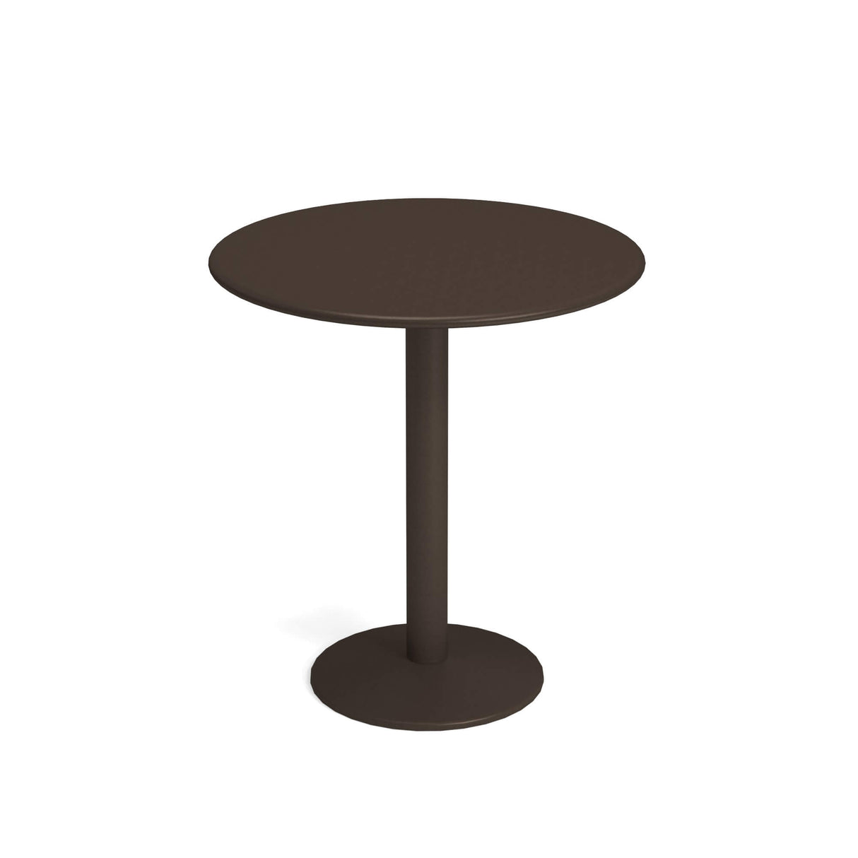 A round, dark brown Bistro Table with a smooth top is supported by a sturdy steel pedestal and circular base. Suitable for outdoor/indoor use, its simple, modern design stands out against a plain white background.