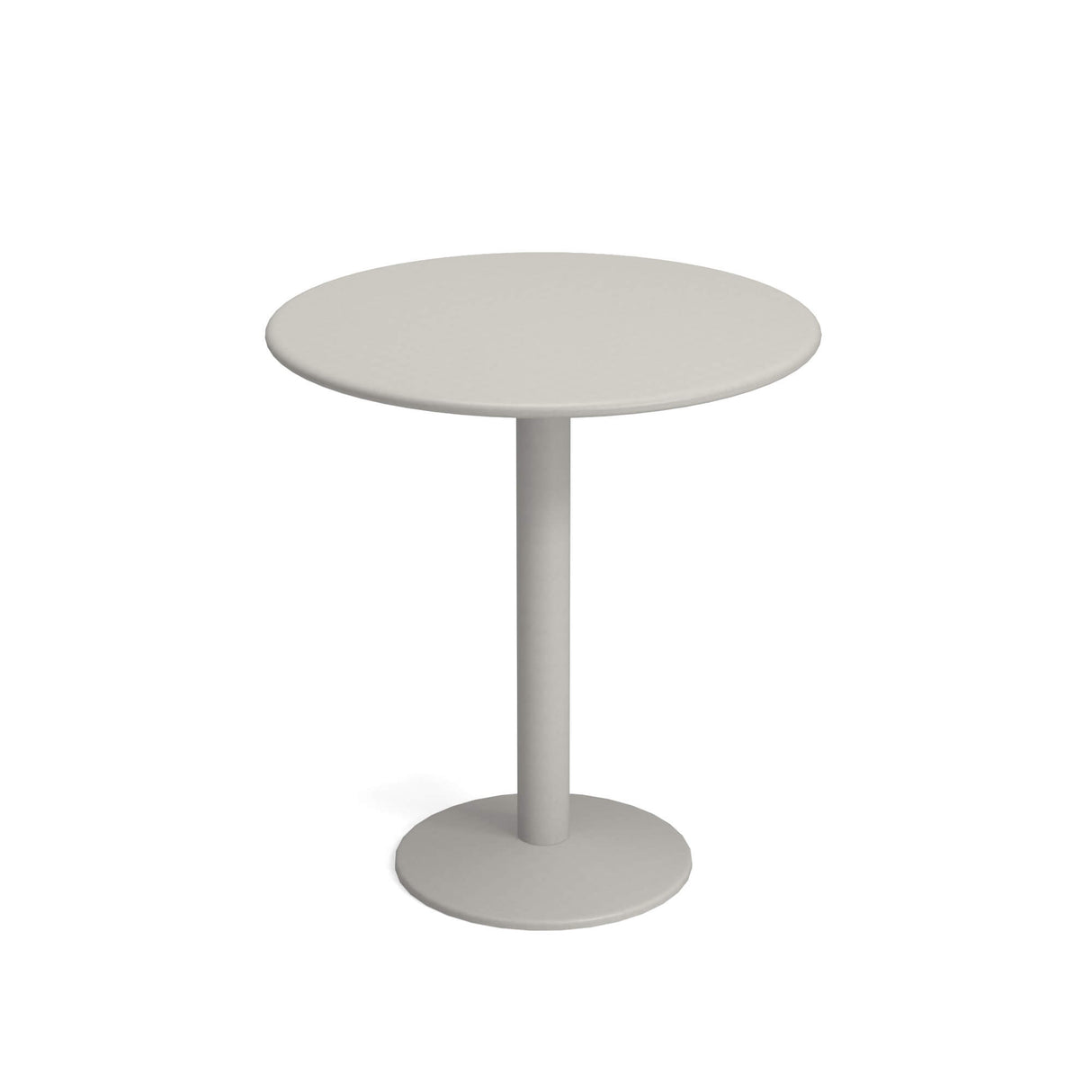 A simple, round, light gray Bistro Table with a smooth surface and single central steel pedestal attached to a circular base. The minimalistic, modern design with clean lines and neutral color is perfect for both outdoor/indoor settings.
