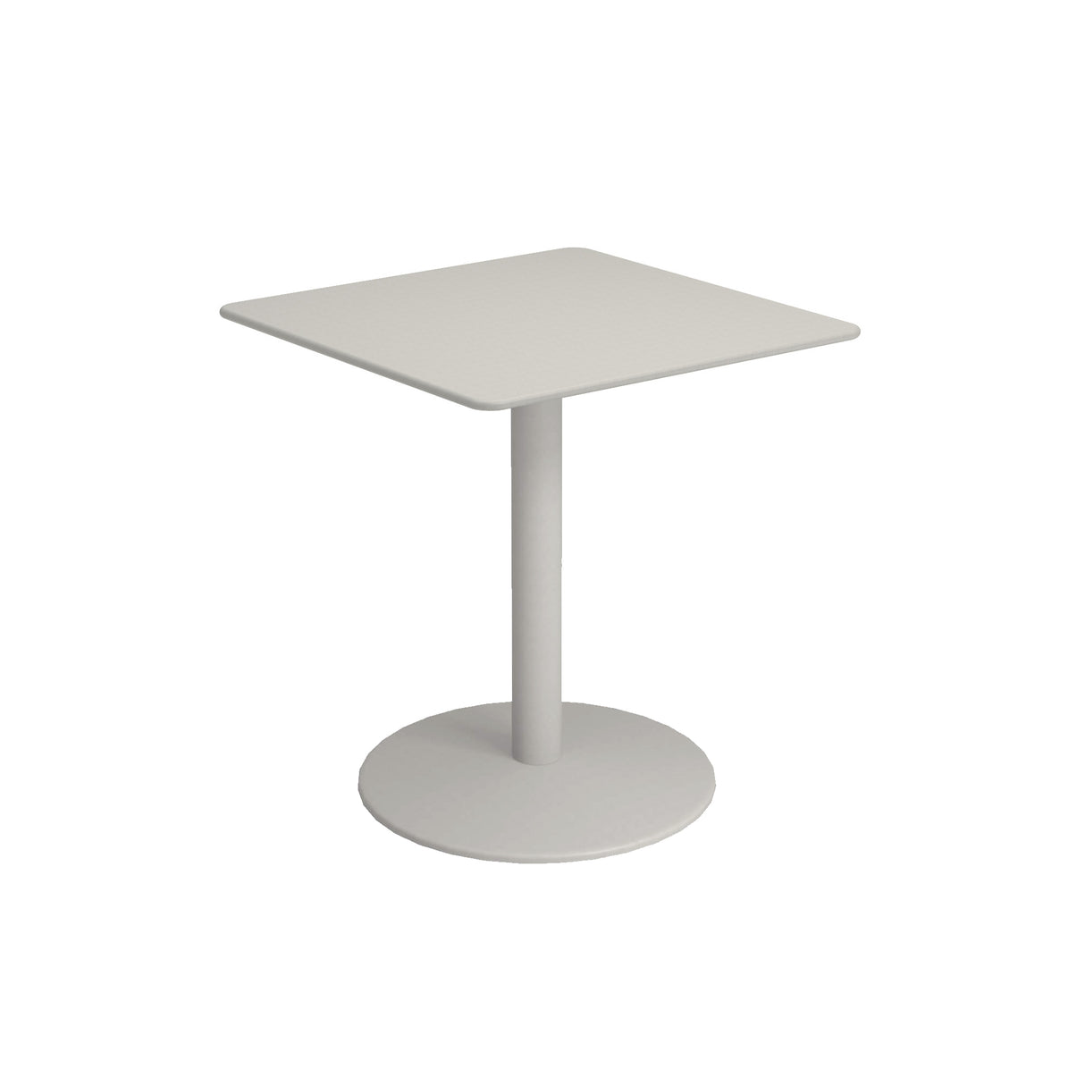 A simple, modern bistro table with a flat, light gray top and a single central steel pedestal base stands on a round, flat base. Perfect as an outdoor indoor table, it is photographed against a plain white background.