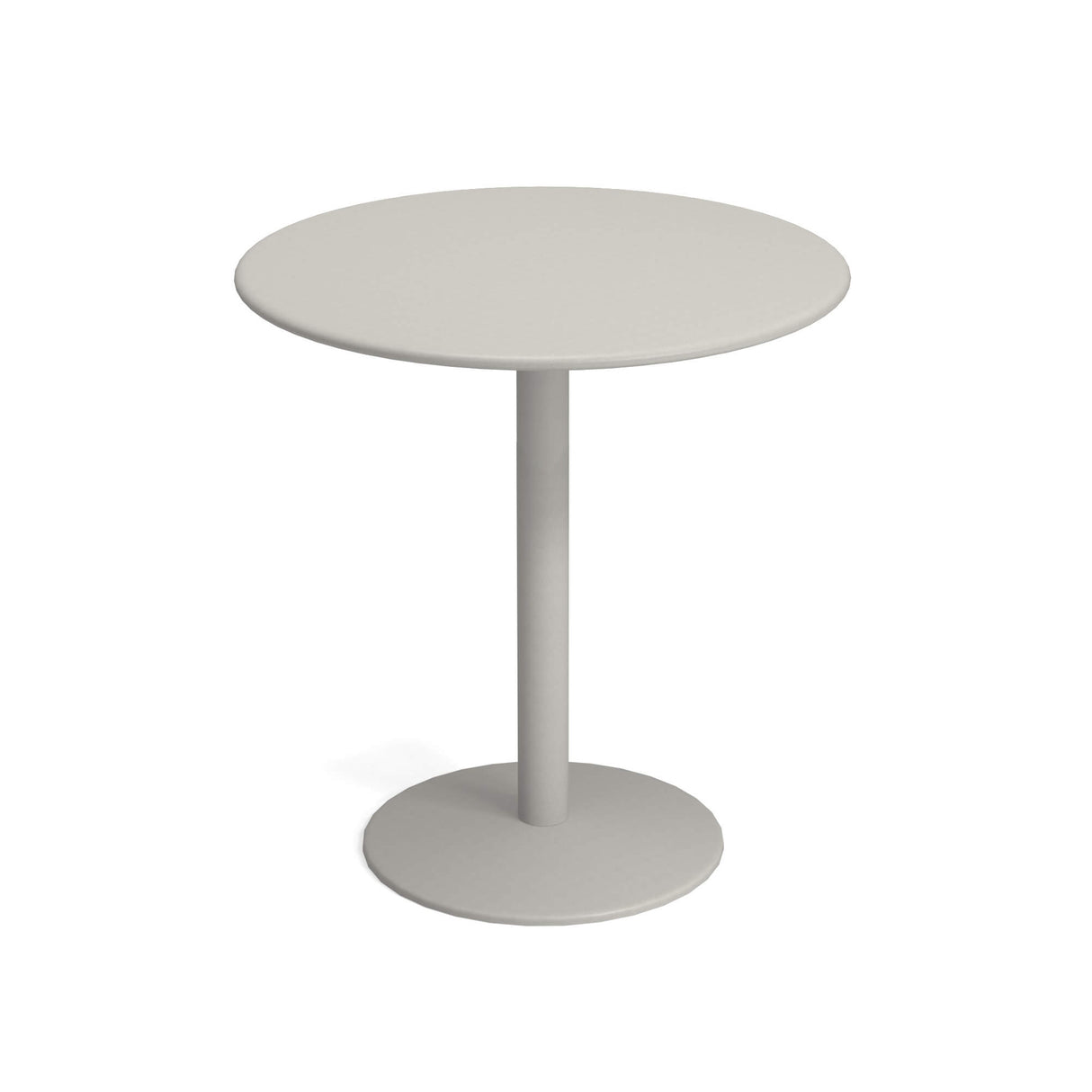A simple, round, light gray Bistro Bar Table with a flat top, single central cylindrical pedestal, and round base, all in matching color, set against a white background. This minimalist, modern outdoor/indoor table suits any space.