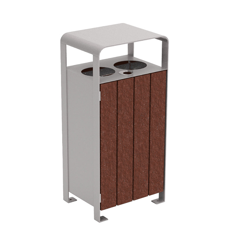 The Ecosens Litter Bin is a tall, rectangular outdoor trash bin with a modern design, featuring a gray metal frame and recycled poly panels. Three circular openings on top allow for easy waste sorting, and the bin stands on four sturdy legs with mounting holes.