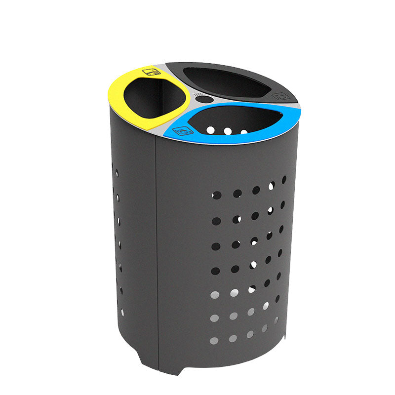 The Doria Recycle Litter Bin is a cylindrical black outdoor recycle bin with a stainless steel top, featuring a perforated pattern and three color-outlined circular openings for sorting different types of recyclables.