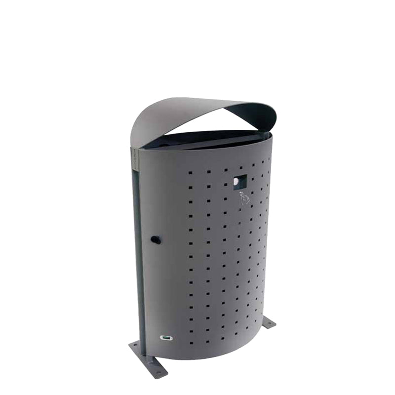 The Dara Litter Bin is a modern, dark gray 25-gallon outdoor litter bin with a curved, overhanging lid and perforated square holes on its front. Its rectangular base includes two mounting plates for secure ground installation. The background is plain white.