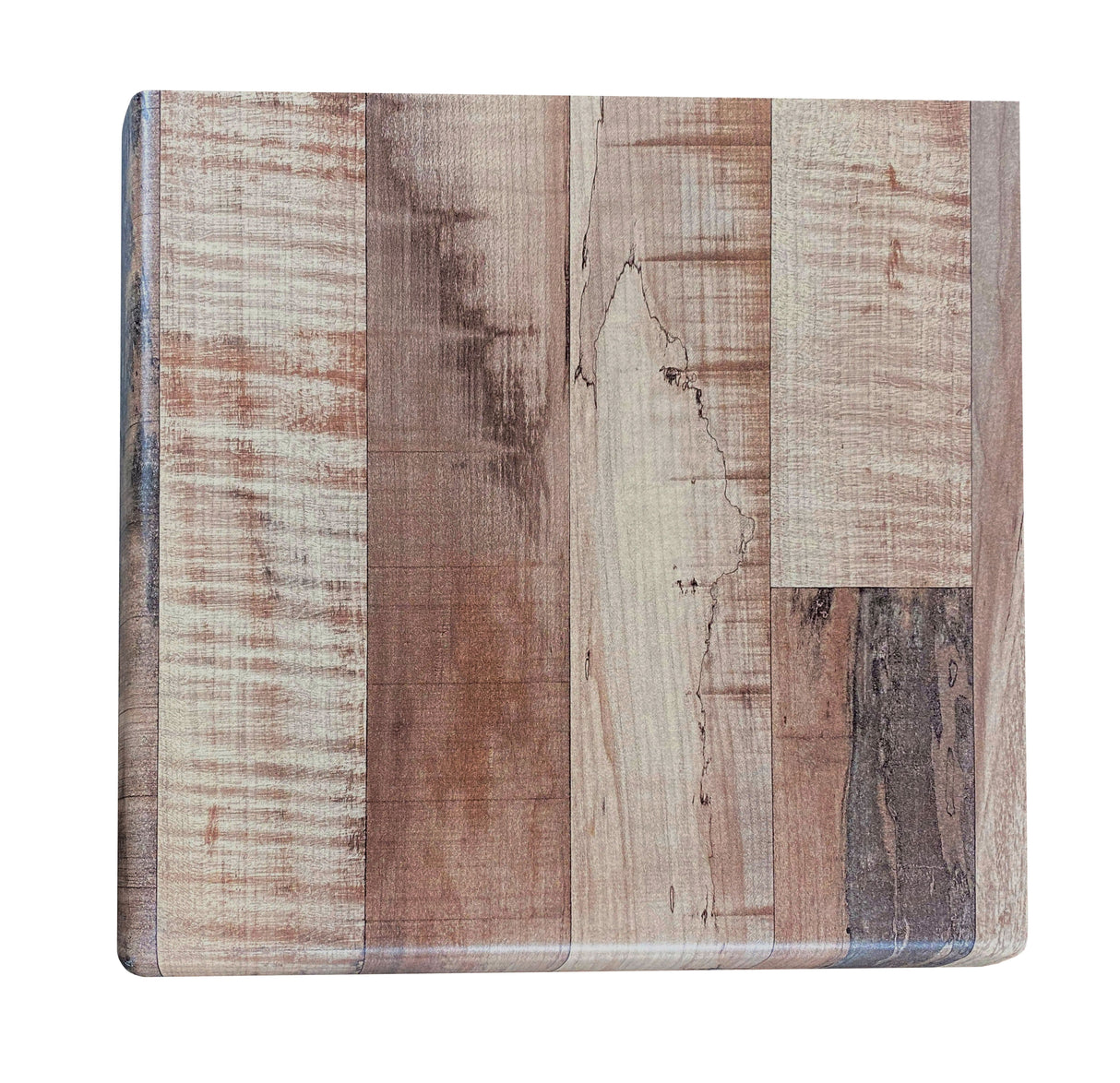 A wooden cutting board with a variety of vertical planks in different shades of brown, tan, and beige, showing natural wood grain patterns and distinct textures—ideal for use as an outdoor table top thanks to its UV resistant, smooth, and well-crafted surface.