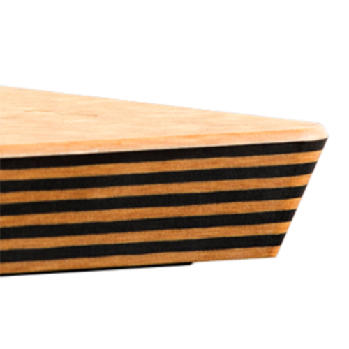 Close-up of an Epicurean cutting board with a triangular shape, featuring alternating horizontal black and natural wood stripes. The smooth, light-colored top surface stands out against a plain, light gray background.
