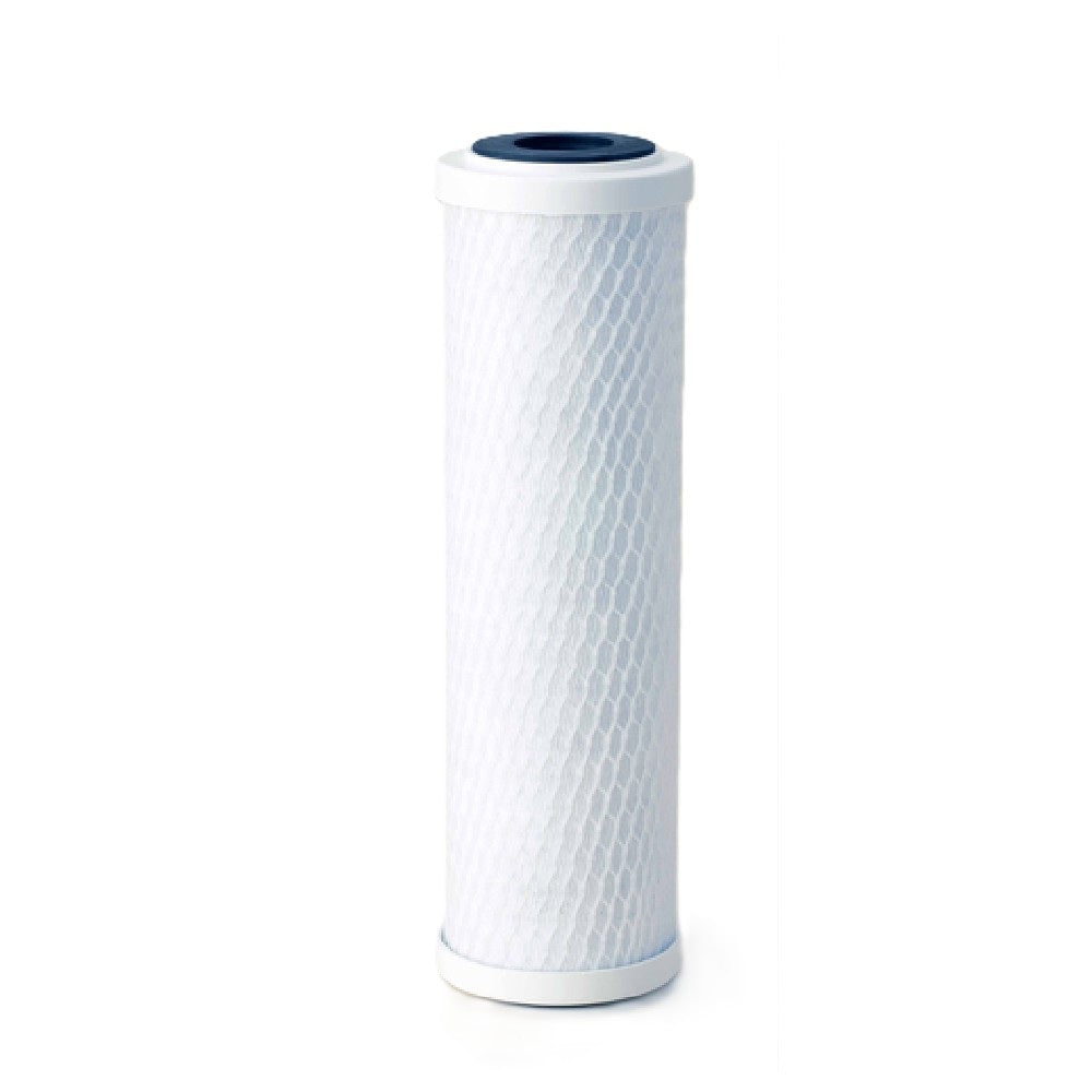 A cylindrical Everpure water filter cartridge stands upright against a plain white background. It features a white body with a subtle diamond-patterned texture, solid end caps, and a dark circular opening, housing a submicron carbon block for NSF 42 & 53 certification.