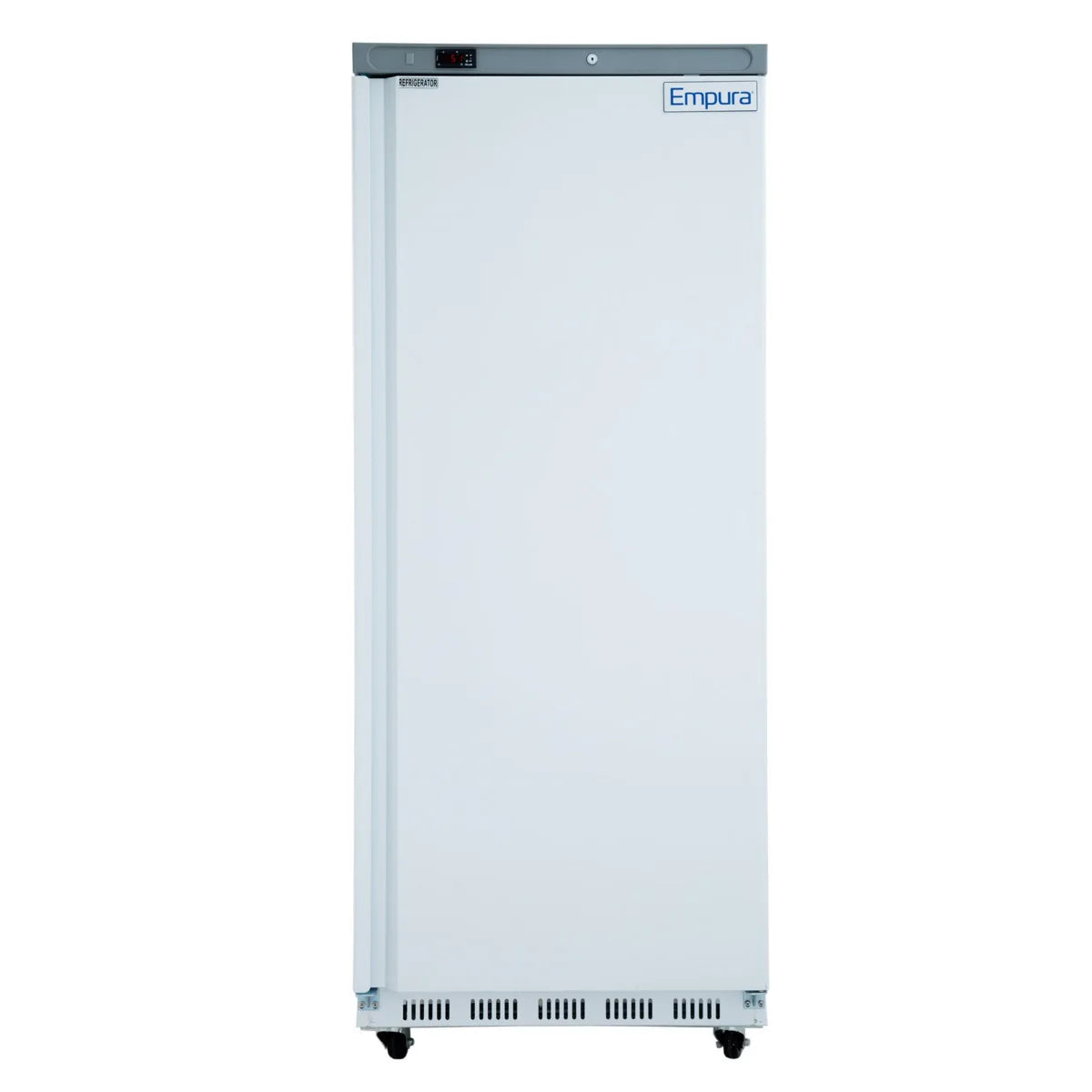 A tall, upright Empura Refrigeration commercial refrigerator with a solid door, gray top panel, digital temperature display, and the Empura logo in the top right corner. The reach-in refrigerator stands on four small wheels and features a vent at the bottom.
