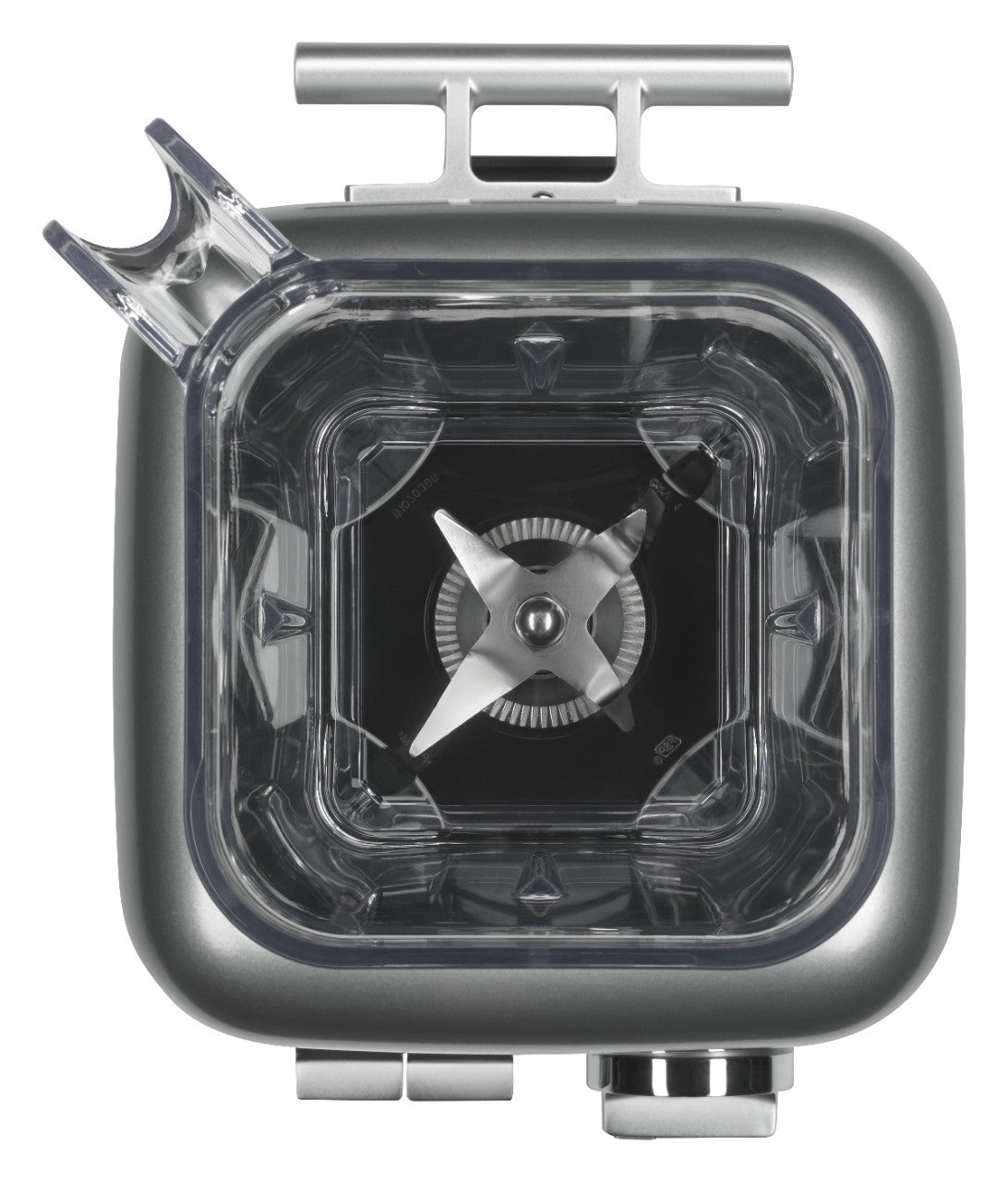 Top view of a 60 oz blender jar with a patented Talon blade assembly at the center. The lid features a circular spout at the upper left, while slightly rounded sides and a metallic gray border complete this KitchenAid Commercial Bar Blender.