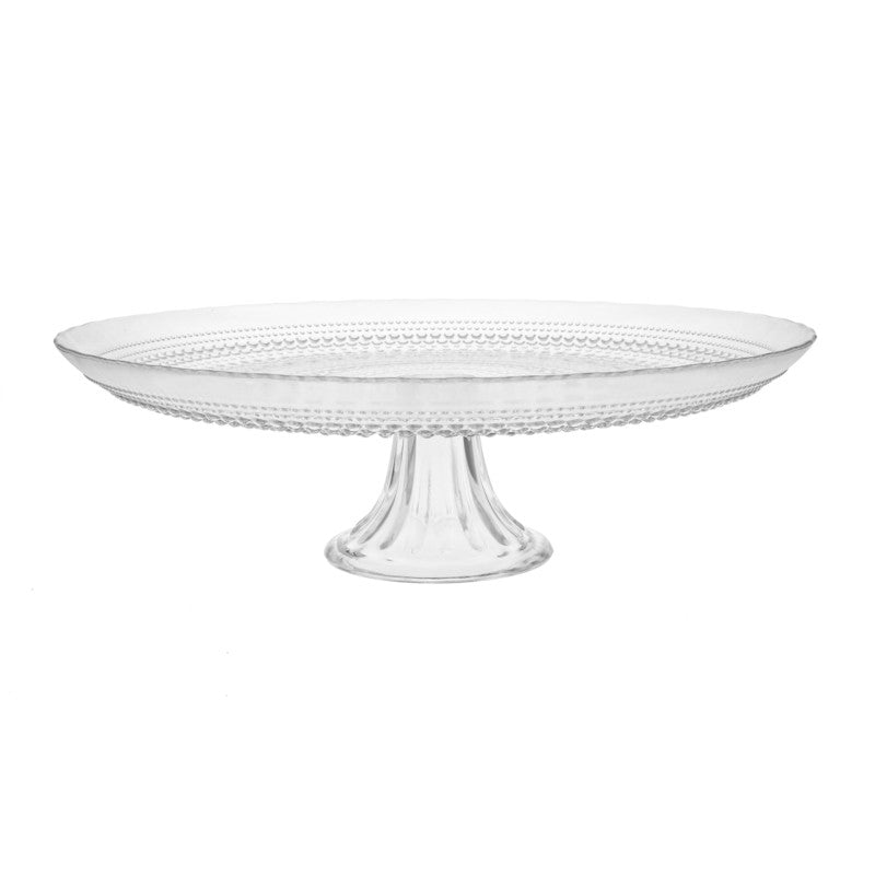 A clear cake stand from Fortessa tableware, this Jupiter cake stand features a wide, flat top with a decorative beaded edge and a smooth, flared pedestal for an elegant, classic look.