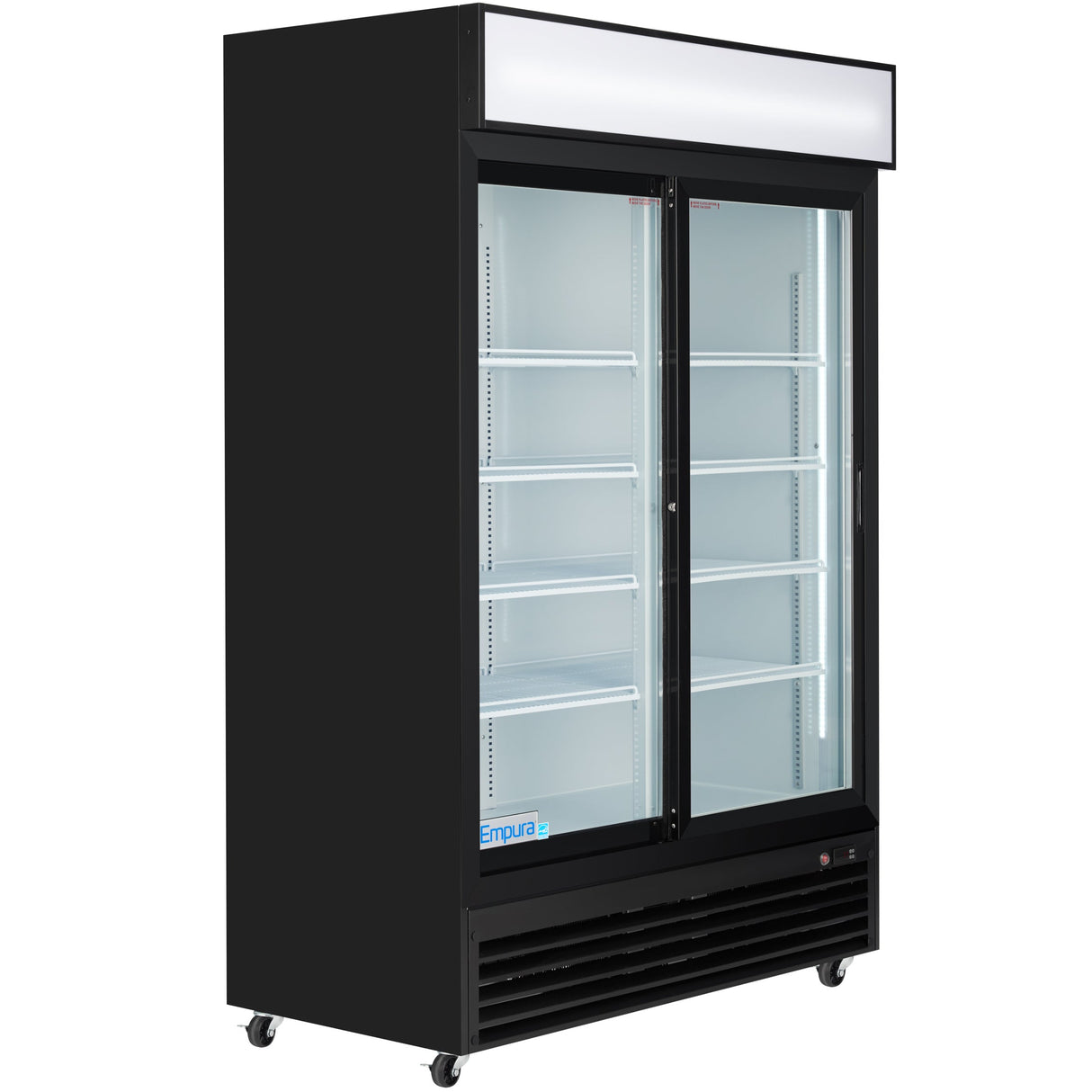 A commercial refrigerator with large capacity, featuring two glass doors, five adjustable shelves, a blank white sign panel above, small wheels, and a vented base. The interior of this refrigerated merchandiser is empty and brightly lit.