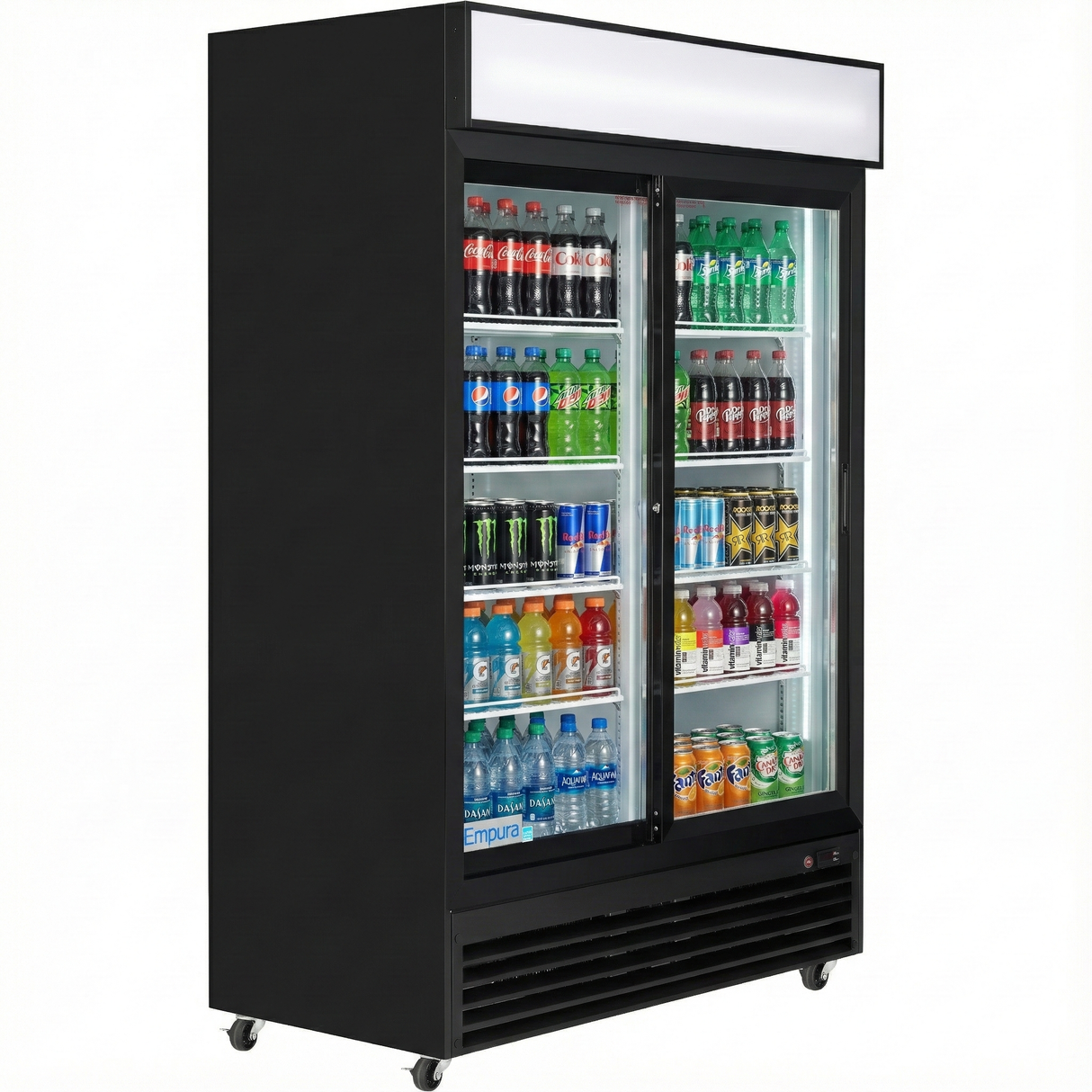 A commercial refrigerated merchandiser displays various drinks, including bottled water, sodas, sports drinks, and canned beverages, organized on multiple shelves. The large-capacity black unit has wheels and a blank white sign above the doors.