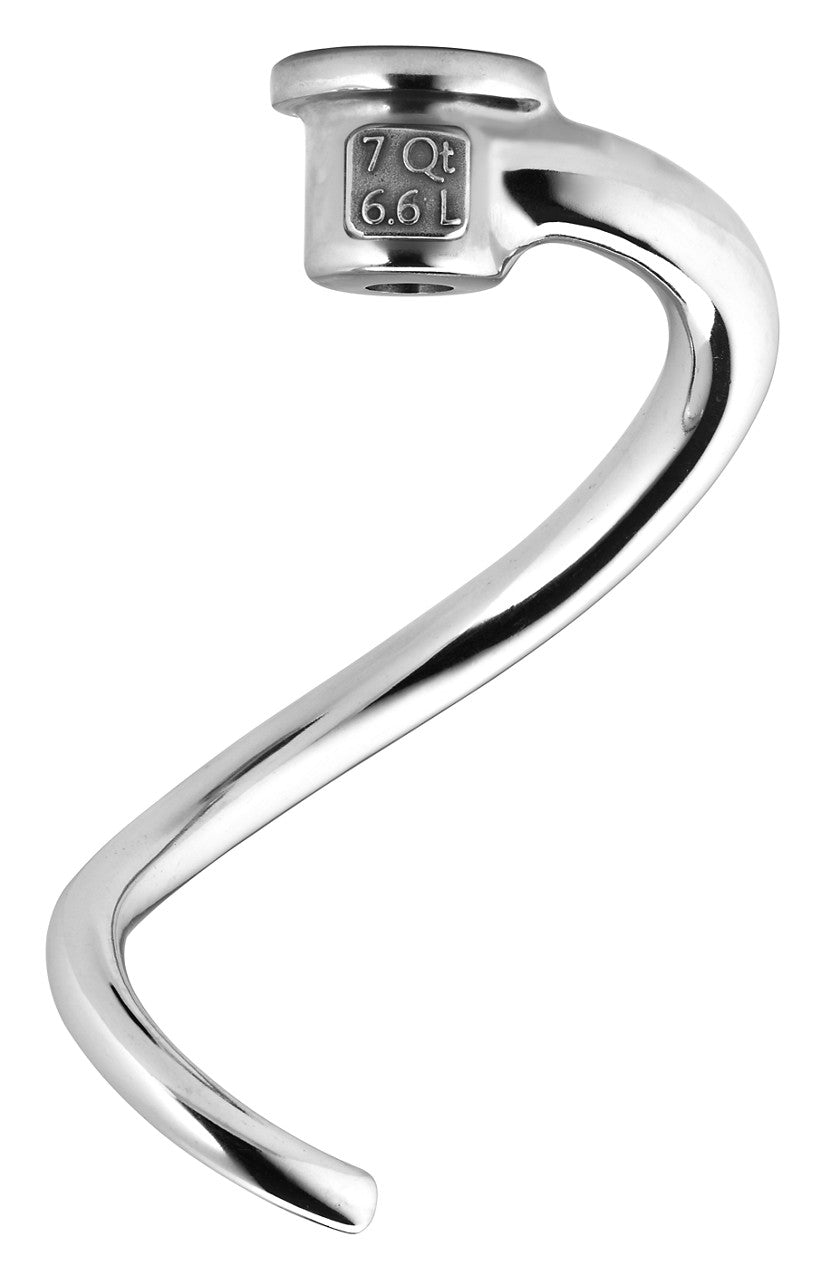 A shiny, metallic Spiral Dough Hook with a polished, reflective finish fits KitchenAid Commercial 7 and 8 quart mixers. The top is labeled “7 Qt 6.6 L,” and the spiral design ensures smooth mixing of large dough batches.